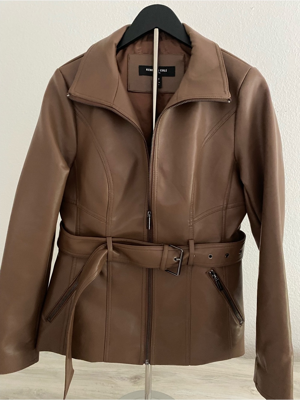 Kenneth Cole Brown Faux Leather Zip-Belt Jacket